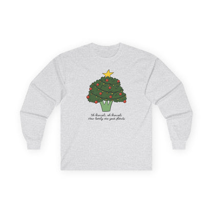 Ash gray long sleeve tee with a broccoli Christmas tree design on a white background
