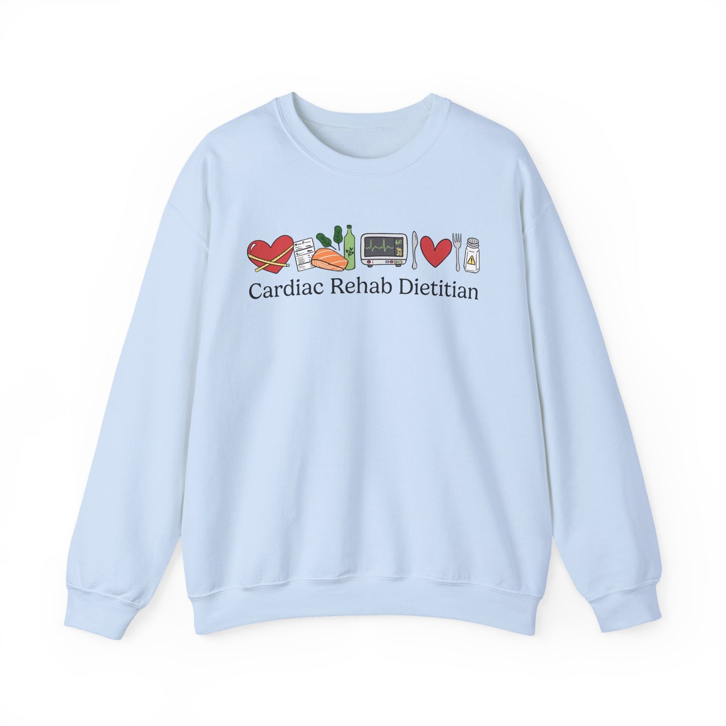 Light blue sweatshirt with 'Cardiac Rehab Dietitian' text and doodled icons