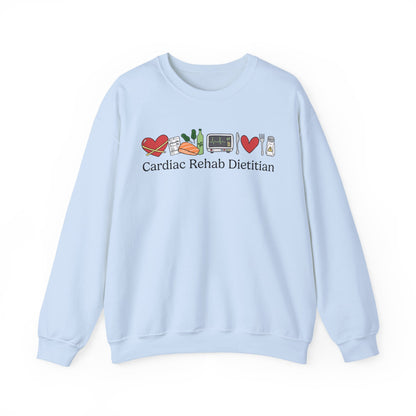 Light blue sweatshirt with 'Cardiac Rehab Dietitian' text and doodled icons