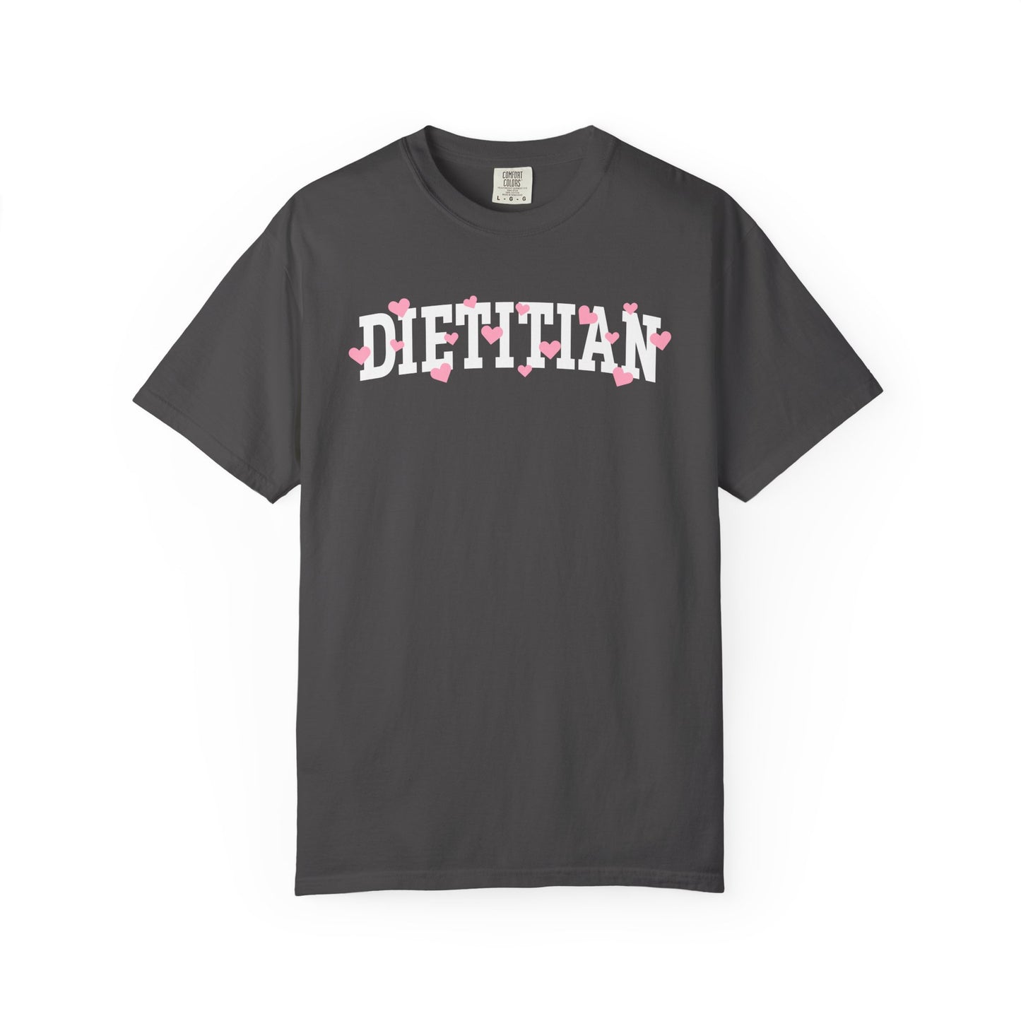 Dark gray tshirt with arched "DIETITIAN" text in white with pink hearts sprinkled throughout the letters