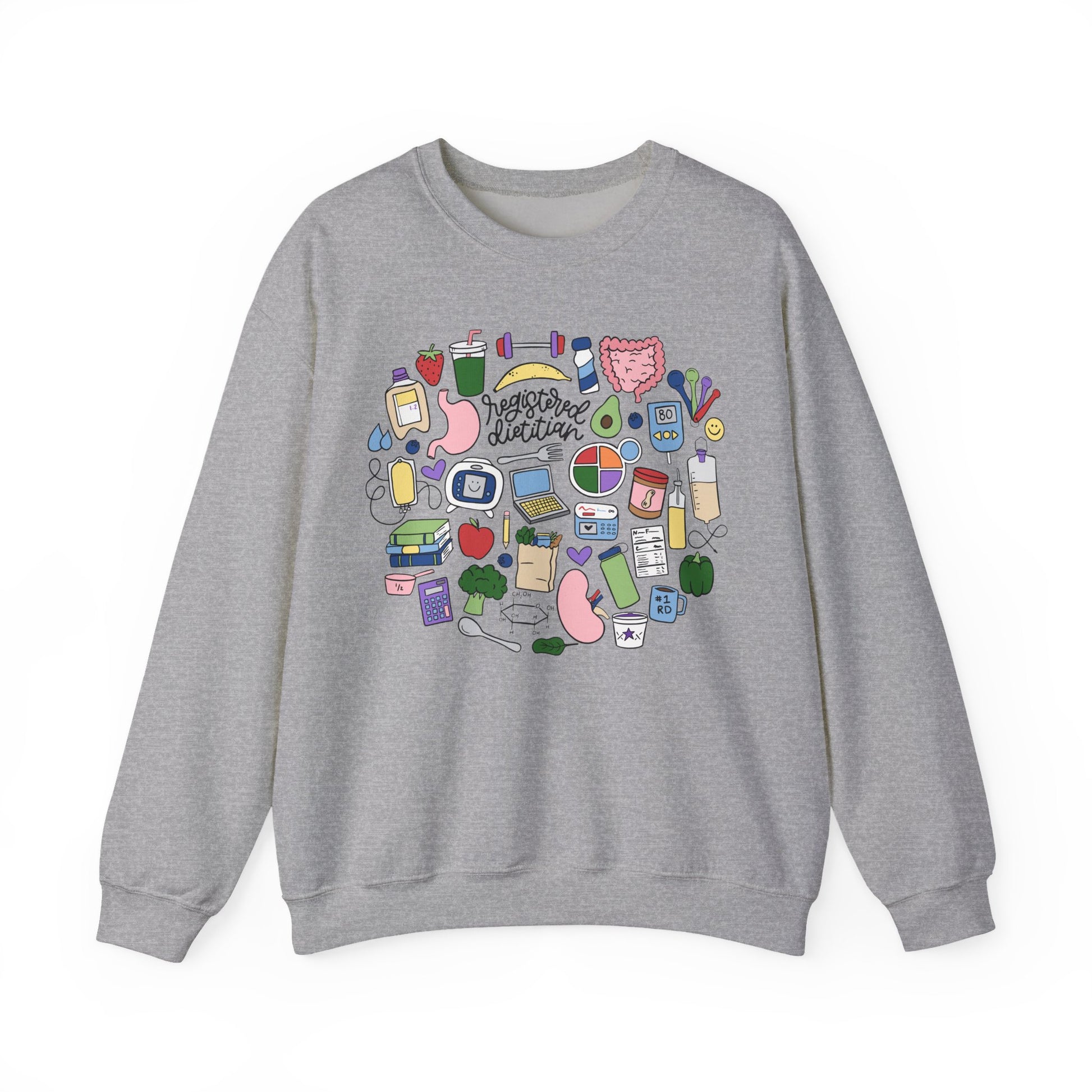 Gray sweatshirt with colorful graphic design on a white background