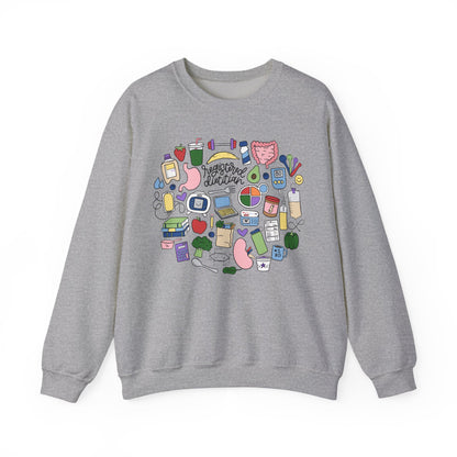 Gray sweatshirt with colorful graphic design on a white background