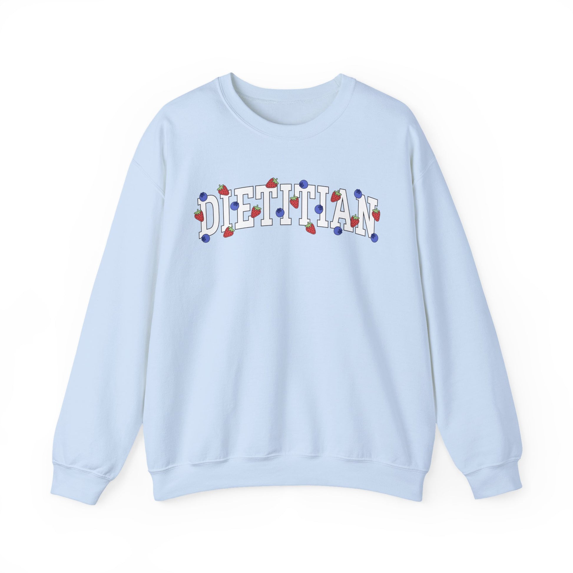 Gray sweatshirt with 'DIETITIAN' text in white with strawberries and blueberries sprinkled throughout letters