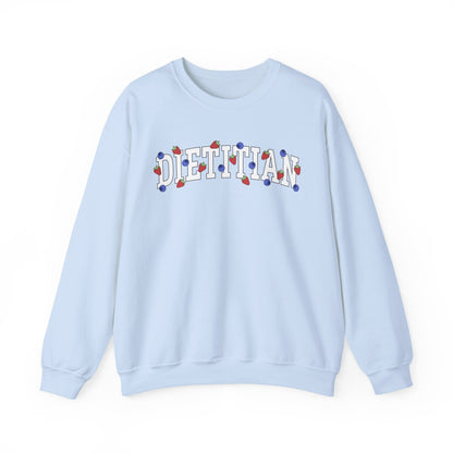 Gray sweatshirt with 'DIETITIAN' text in white with strawberries and blueberries sprinkled throughout letters