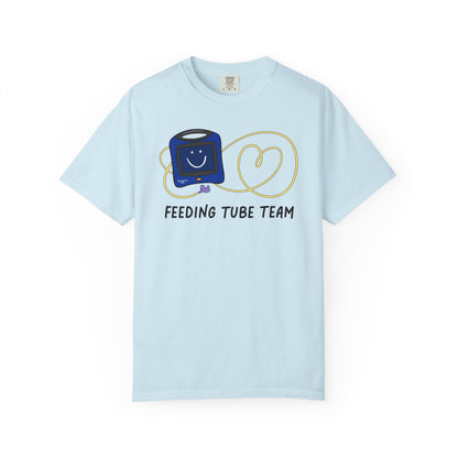 Baby blue tshirt with Cortrak device and NG tube with the text "feeding tube team"