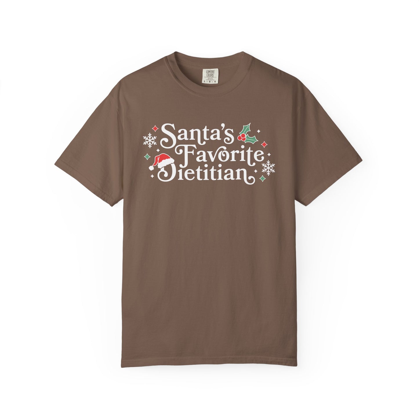 Brown t-shirt with 'Santa's Favorite Dietitian' text and graphics on a white background