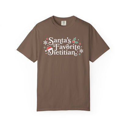 Brown t-shirt with 'Santa's Favorite Dietitian' text and graphics on a white background