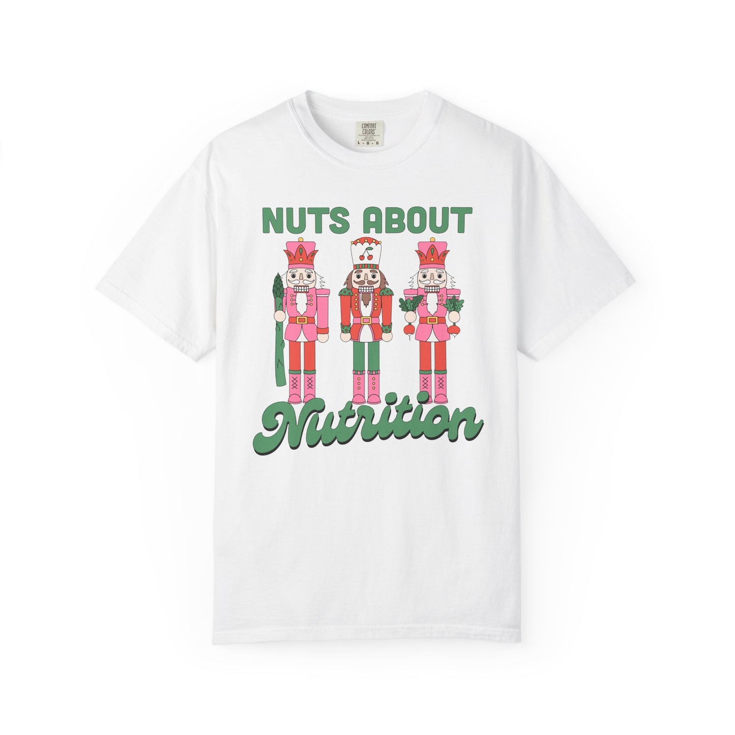 White t-shirt with nutcrackers and 'Nuts About Nutrition' text on a white background
