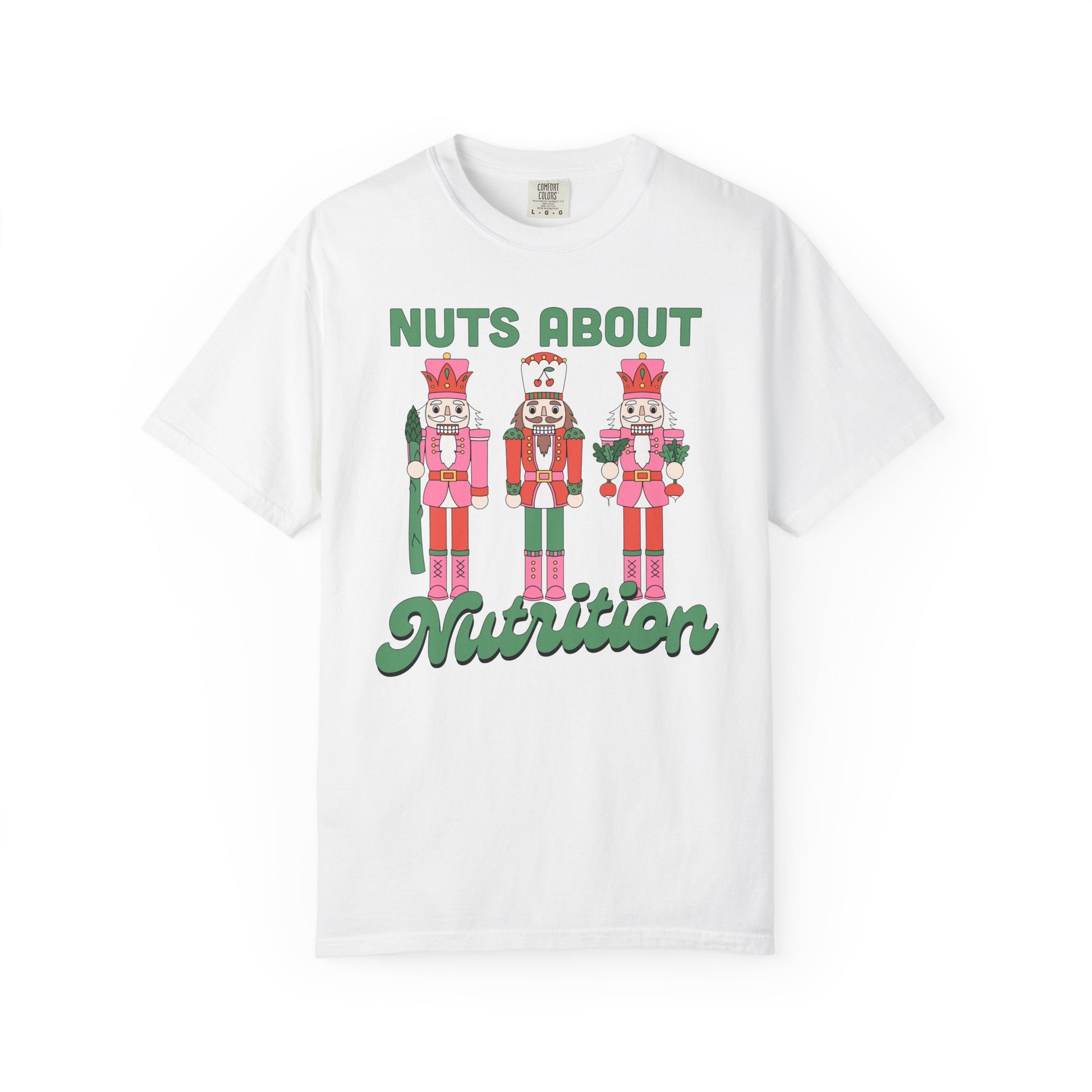 White t-shirt with nutcrackers and 'Nuts About Nutrition' text on a white background