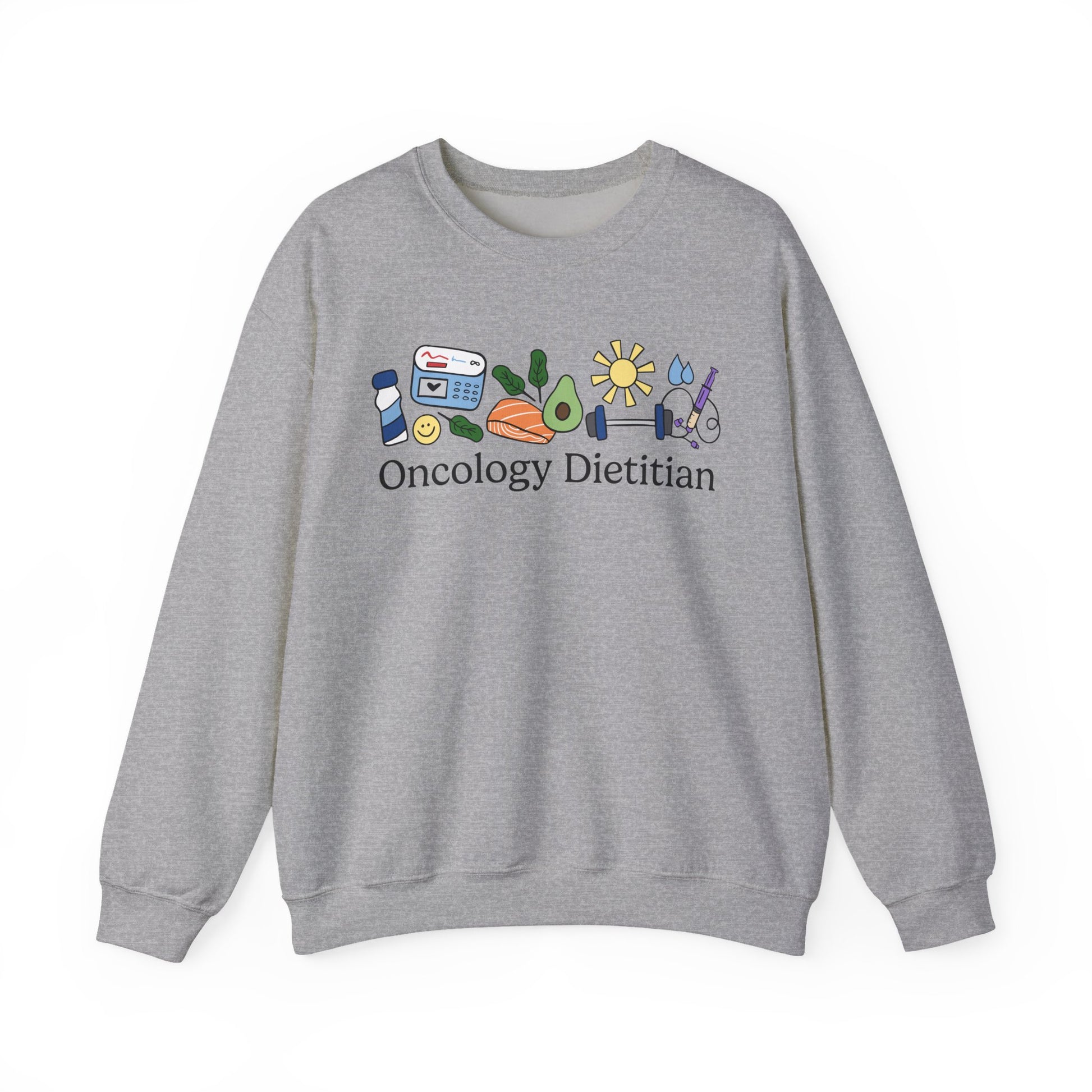 Gray sweatshirt with 'Oncology Dietitian' text and doodles