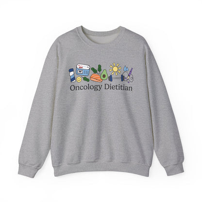 Gray sweatshirt with 'Oncology Dietitian' text and doodles