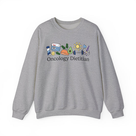 Gray sweatshirt with 'Oncology Dietitian' text and doodles