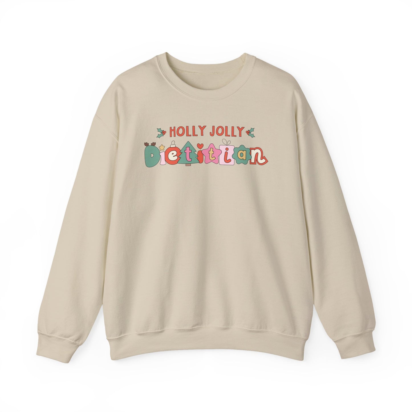 Sand colored sweatshirt with 'Holly Jolly Dietitian' text on a white background