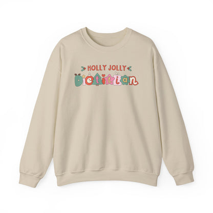 Sand colored sweatshirt with 'Holly Jolly Dietitian' text on a white background