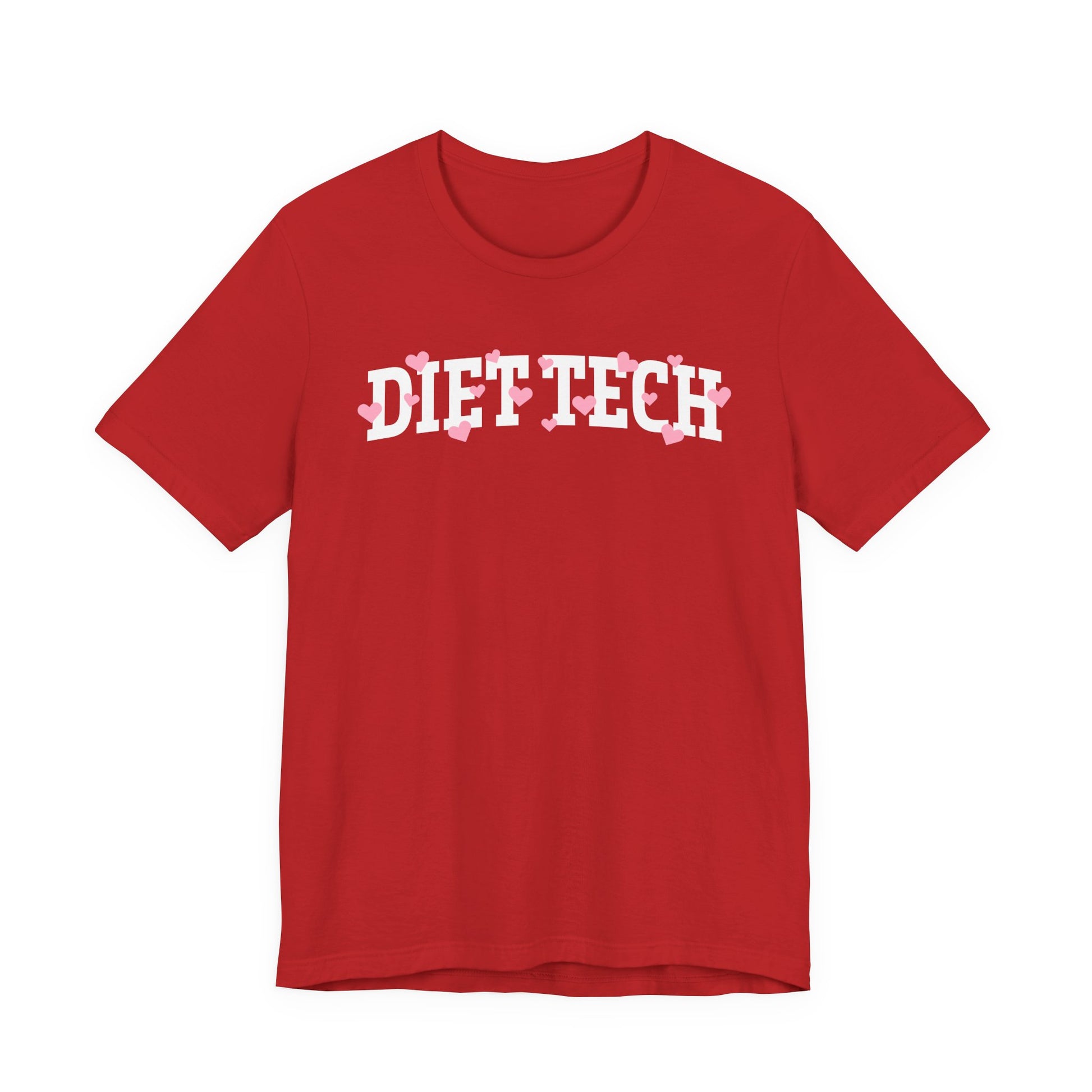 Red tshirt with arched "DIET TECH" text in white with pink hearts sprinkled throughout the letters