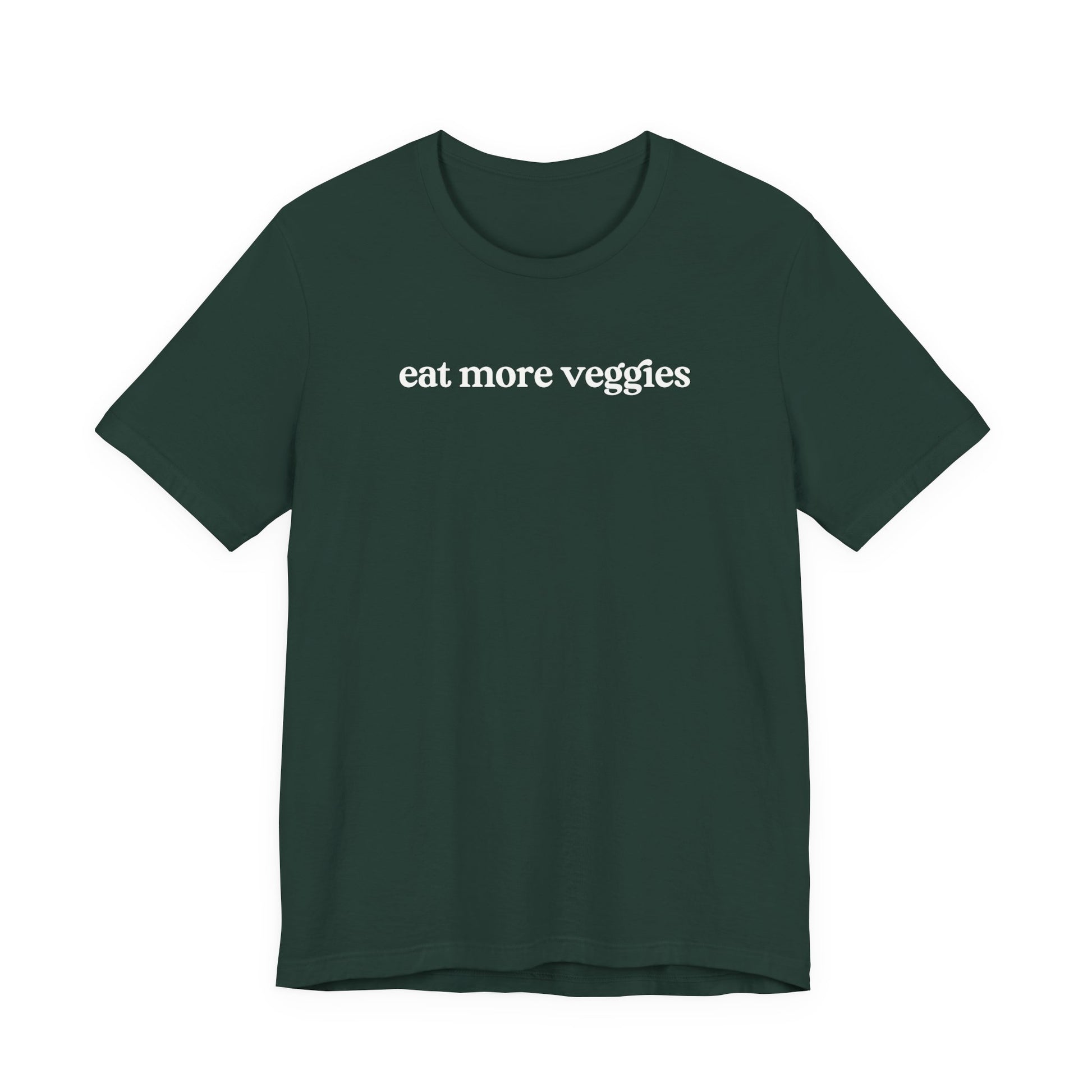 Green t-shirt with 'eat more veggies' text on a white background