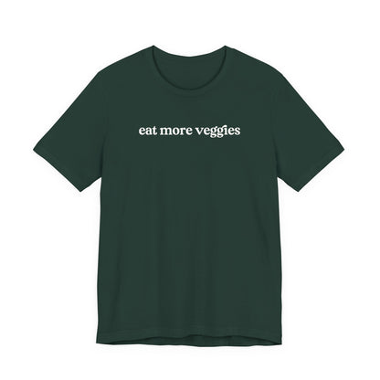 Green t-shirt with 'eat more veggies' text on a white background