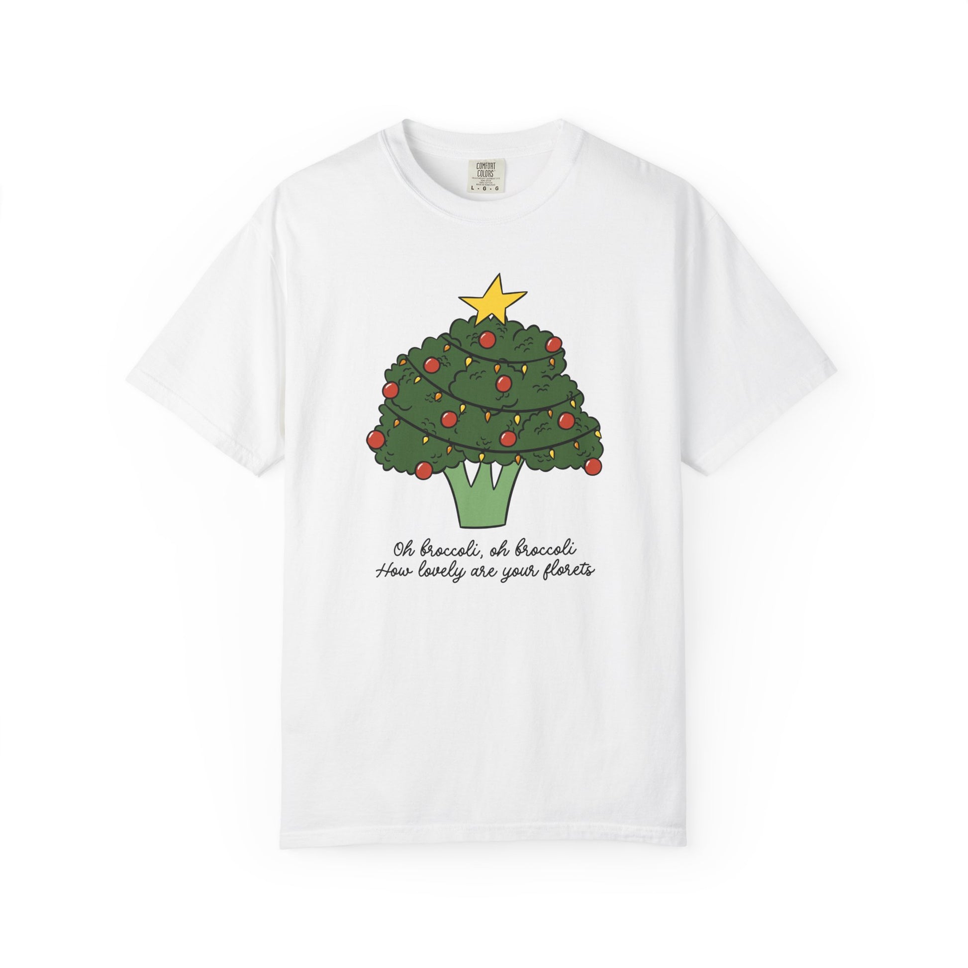 White t-shirt with a broccoli Christmas tree design on a white background