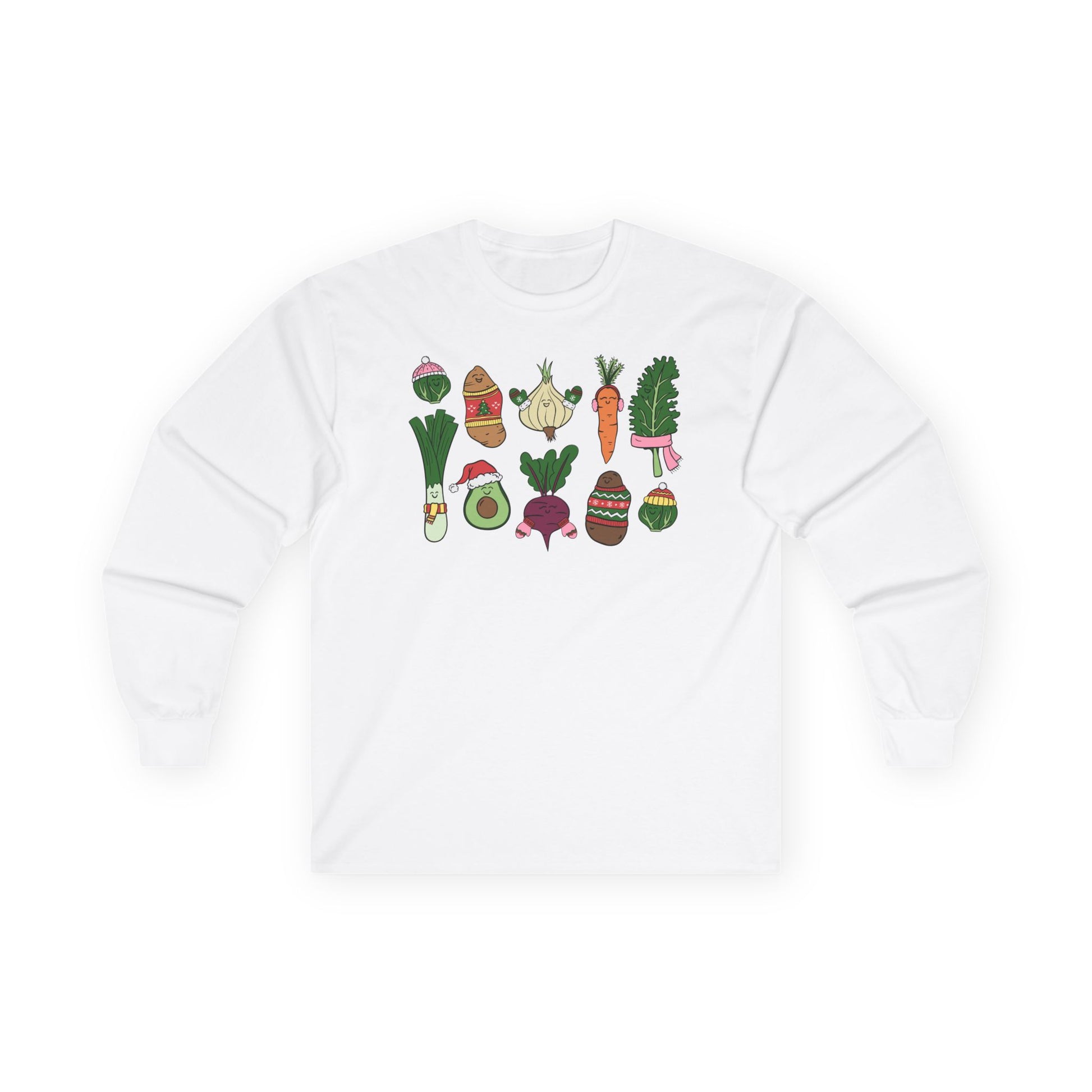 White long sleeve tshirt with colorful vegetable graphics on a white background