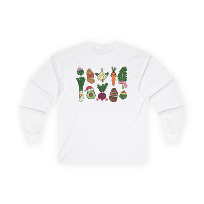 White long sleeve tshirt with colorful vegetable graphics on a white background