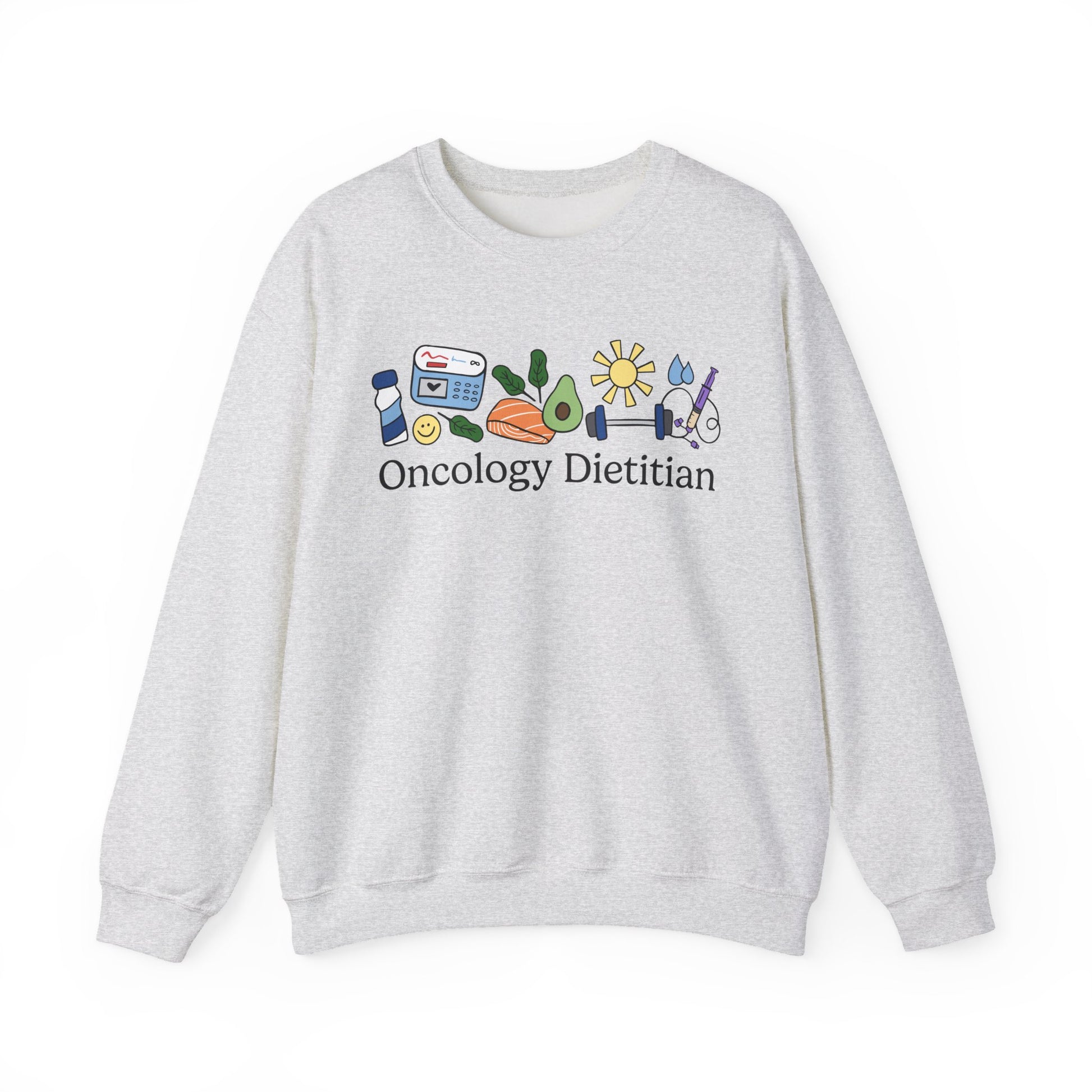 Gray sweatshirt with 'Oncology Dietitian' text and doodles