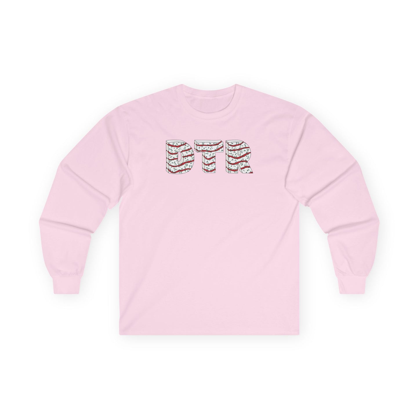 Pink long-sleeve shirt with 'DTR' design on a white background