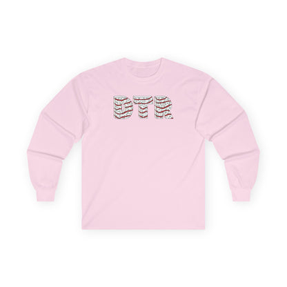 Pink long-sleeve shirt with 'DTR' design on a white background