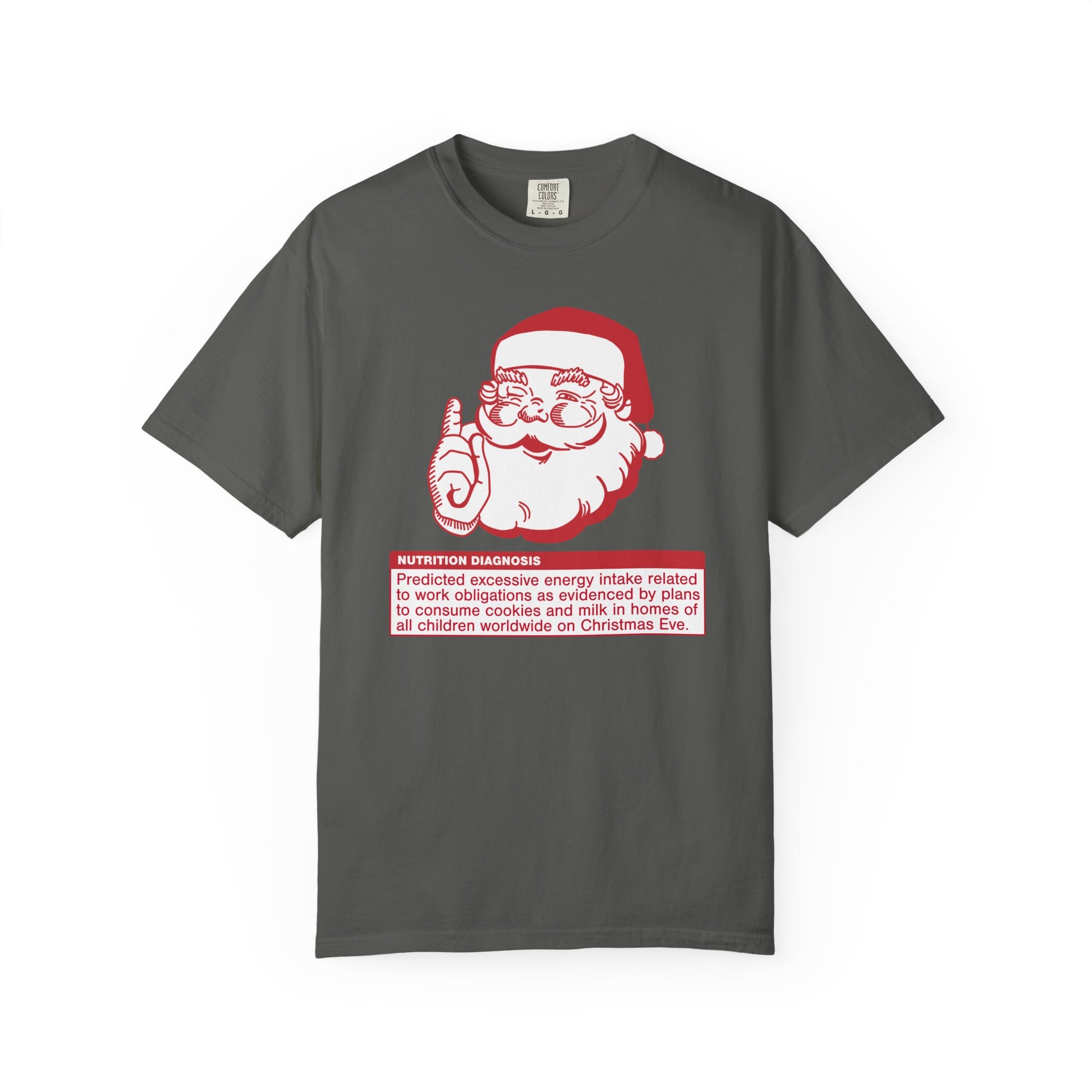 Gray t-shirt with a graphic of Santa Claus and text on a white background