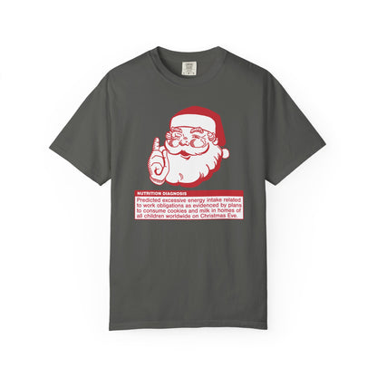 Gray t-shirt with a graphic of Santa Claus and text on a white background