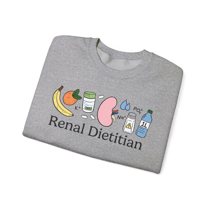 Gray sweatshirt with renal themed doodles and text 'Renal Dietitian'
