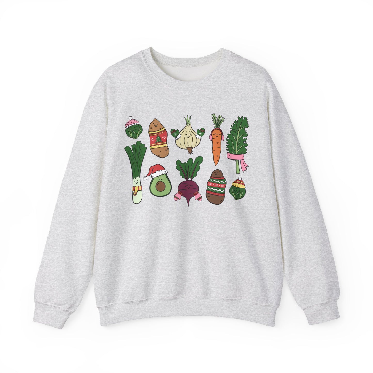 Ash Gray sweatshirt with colorful vegetable illustrations on a white background