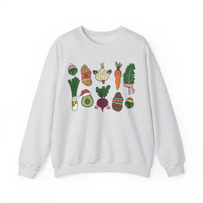 Ash Gray sweatshirt with colorful vegetable illustrations on a white background