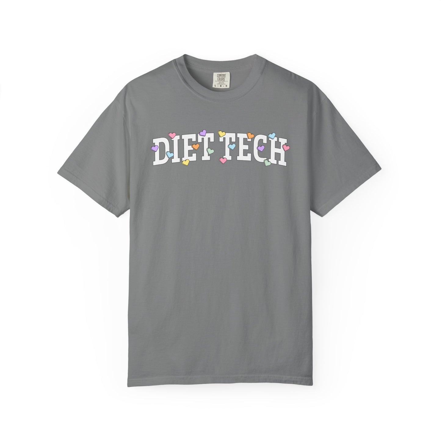 Gray tshirt with arched "DIET TECH" text in white with multi-colored heart shaped Valentine candy sprinkled throughout the letters