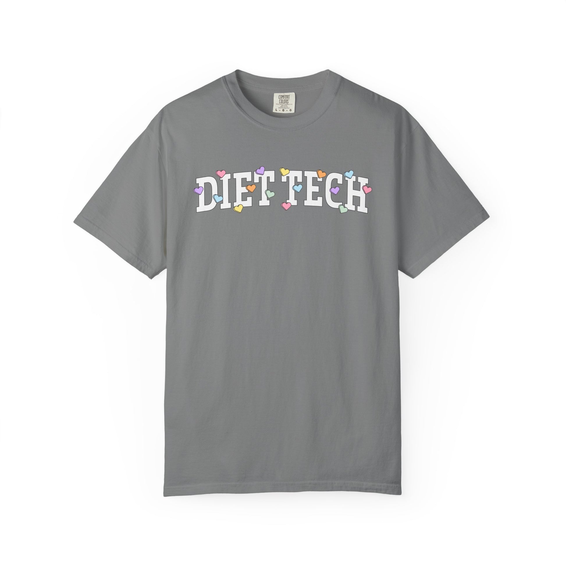 Gray tshirt with arched "DIET TECH" text in white with multi-colored heart shaped Valentine candy sprinkled throughout the letters