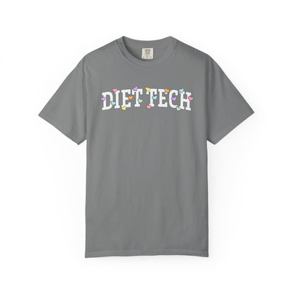 Gray tshirt with arched "DIET TECH" text in white with multi-colored heart shaped Valentine candy sprinkled throughout the letters