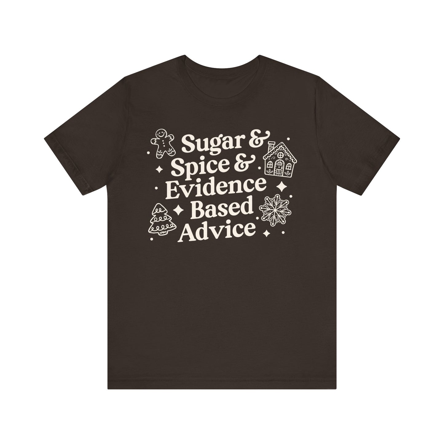 Brown t-shirt with white text and graphics on a white background