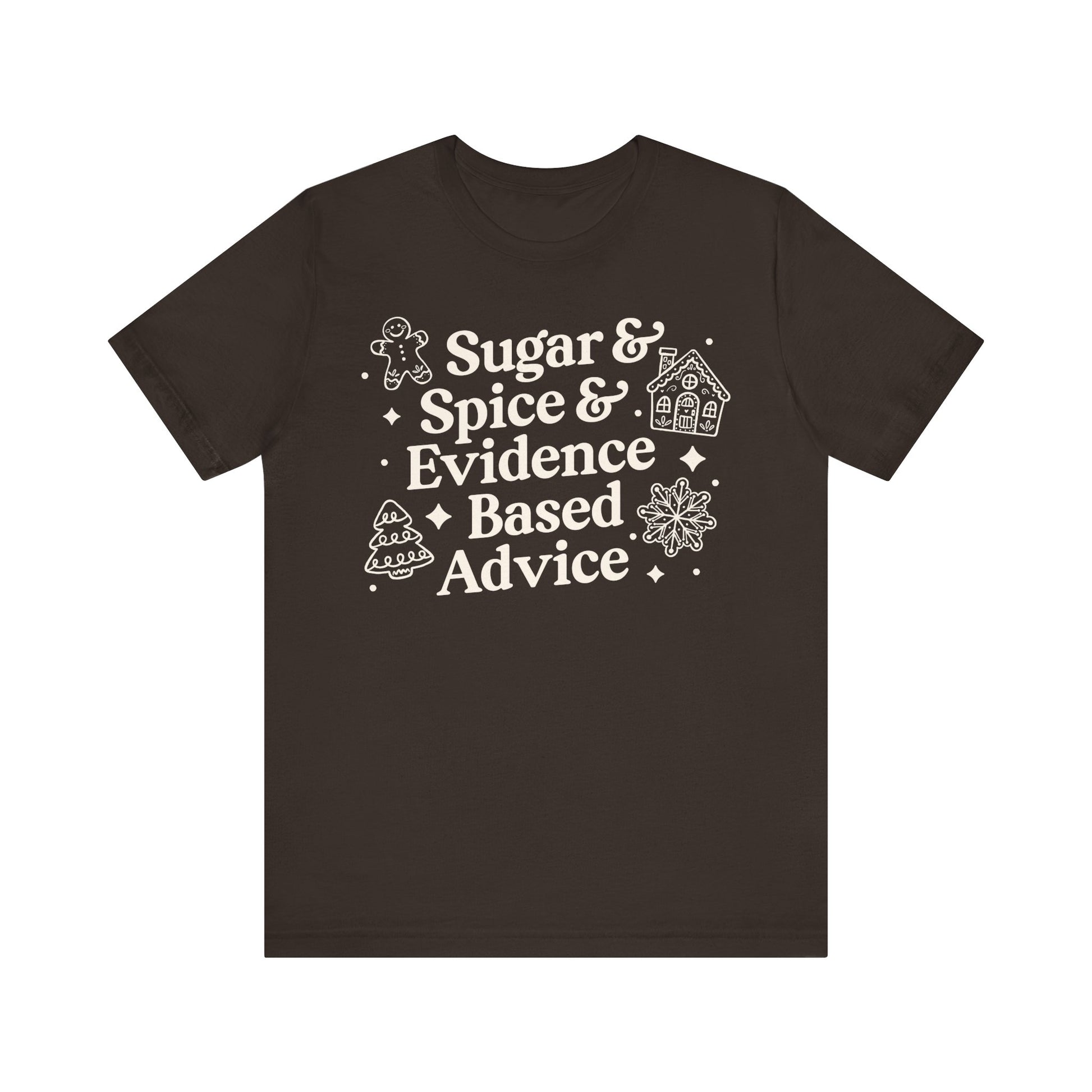 Brown t-shirt with white text and graphics on a white background