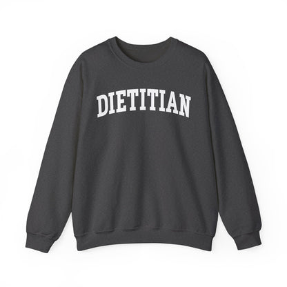 Charcoal sweatshirt with arched text "DIETITIAN" in white 