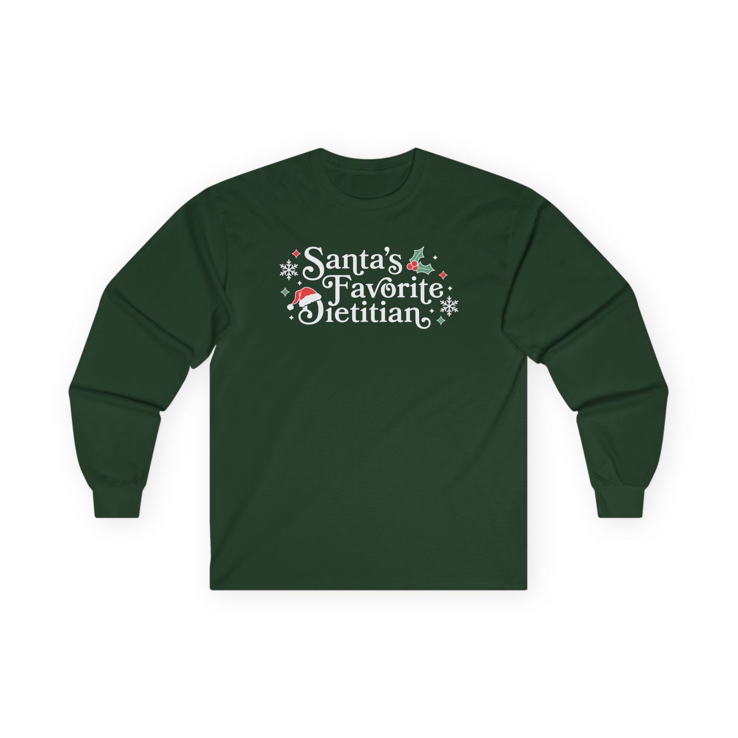 Green long-sleeve shirt with 'Santa's Favorite Dietitian' text on a white background