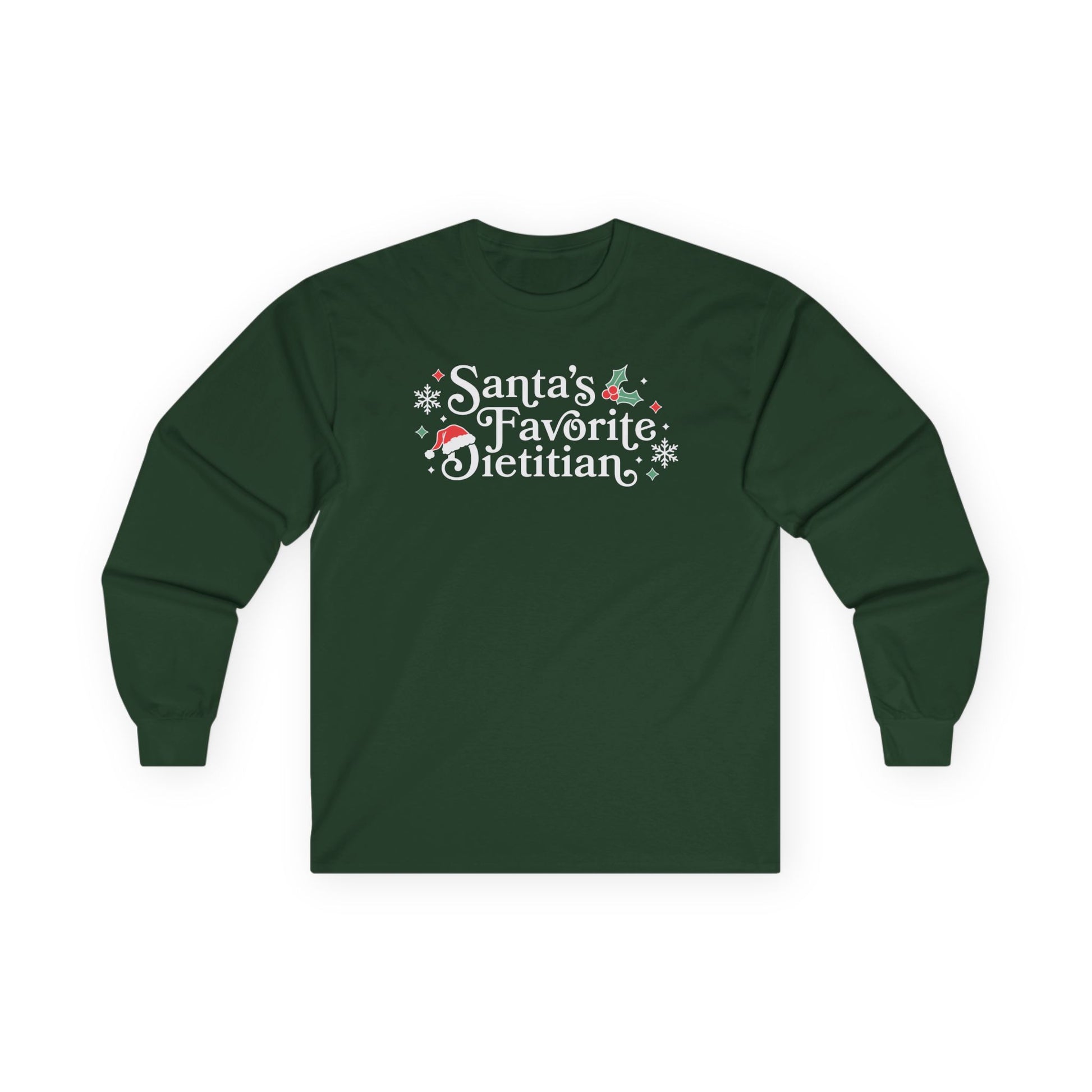 Green long-sleeve shirt with 'Santa's Favorite Dietitian' text on a white background