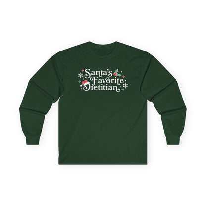 Green long-sleeve shirt with 'Santa's Favorite Dietitian' text on a white background