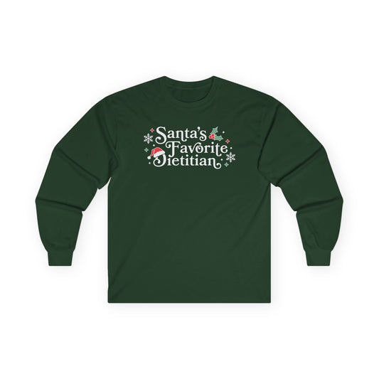 Green long-sleeve shirt with 'Santa's Favorite Dietitian' text on a white background