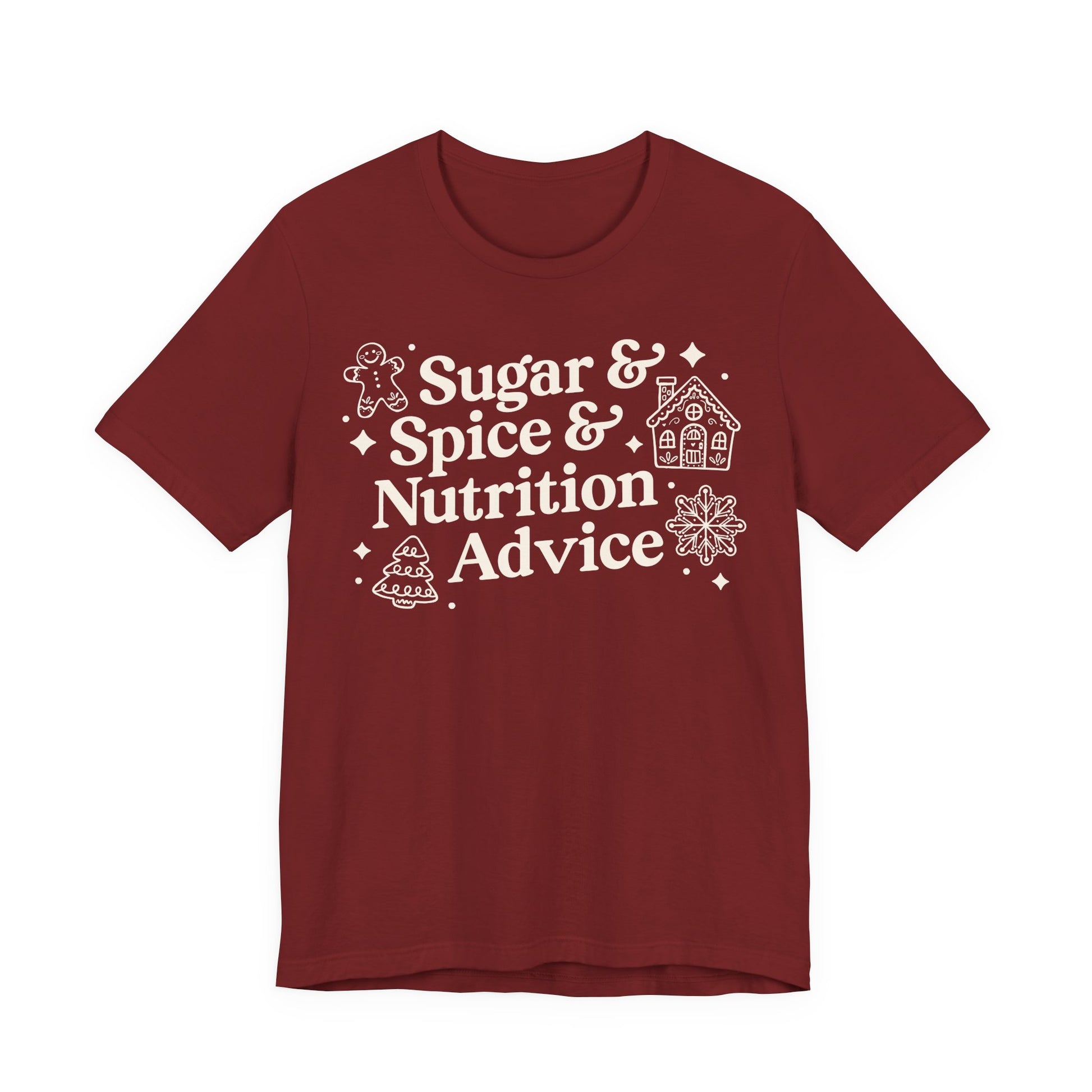 Red t-shirt with white text 'Sugar & Spice & Nutrition Advice' and white gingerbread cookie graphics on a white background
