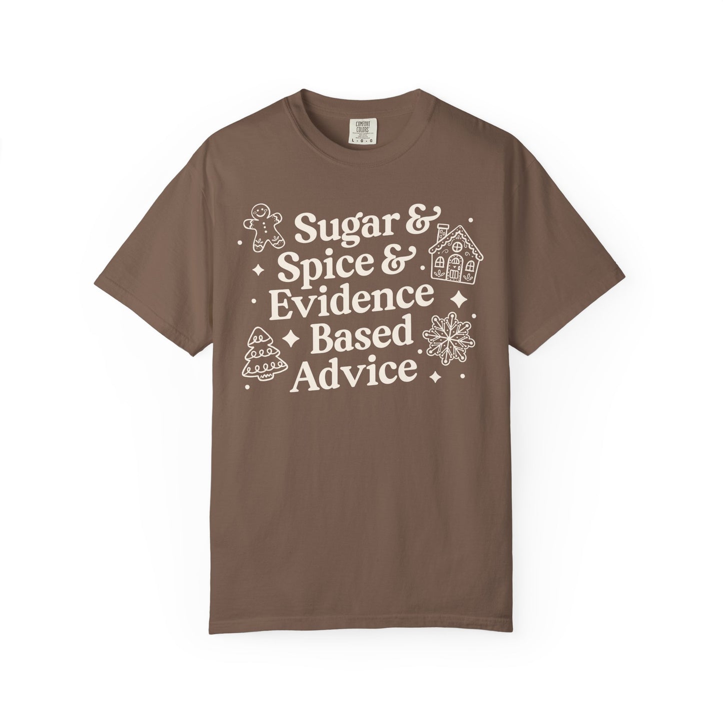 Brown t-shirt with white text and graphics on a white background
