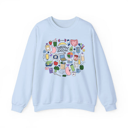 Light blue sweatshirt with colorful graphic design on a white background