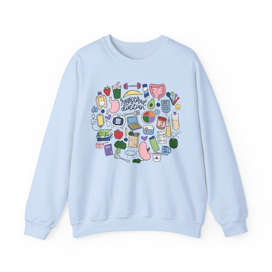 Light blue sweatshirt with colorful graphic design on a white background