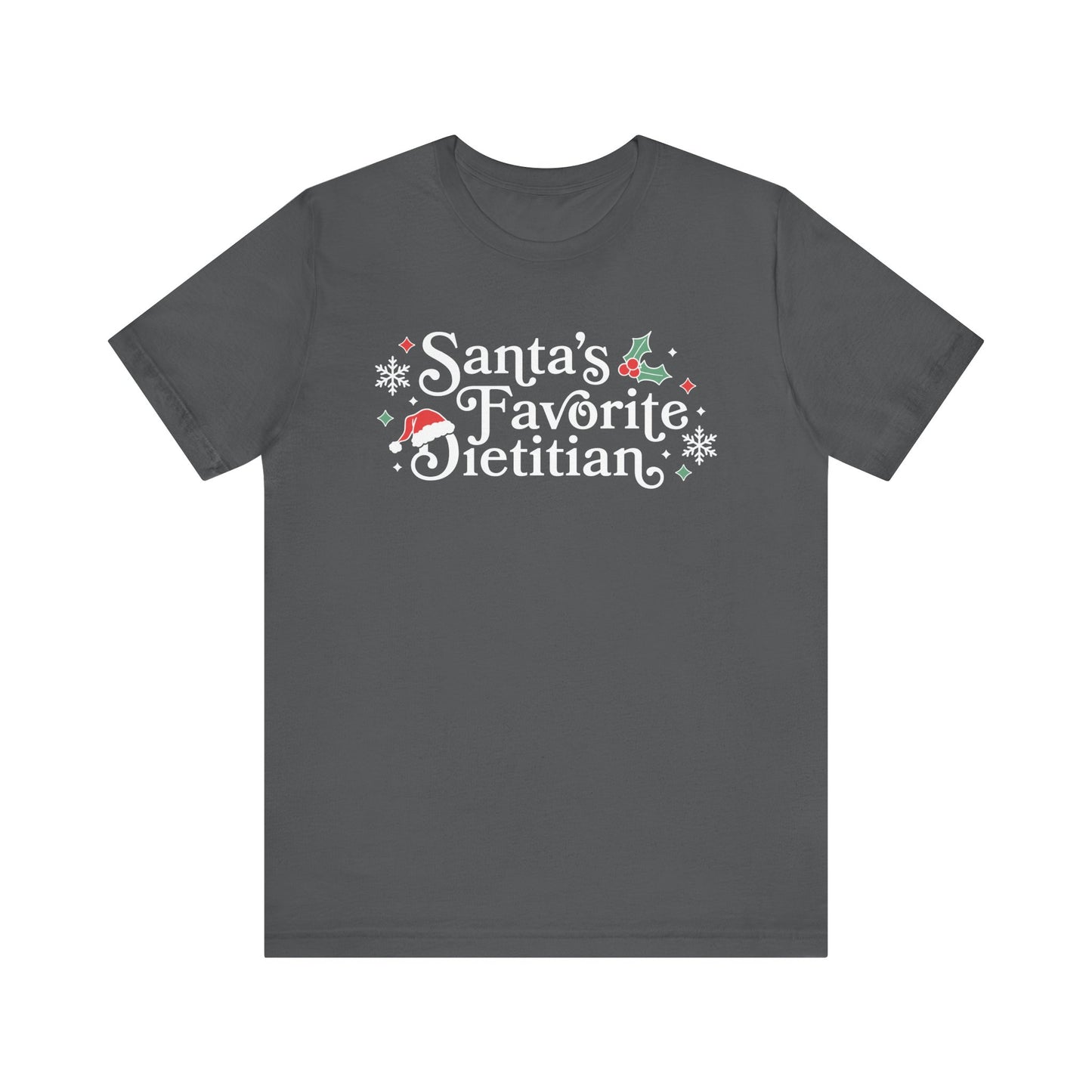 Dark gray t-shirt with 'Santa's Favorite Dietitian' text and festive graphics on a white background
