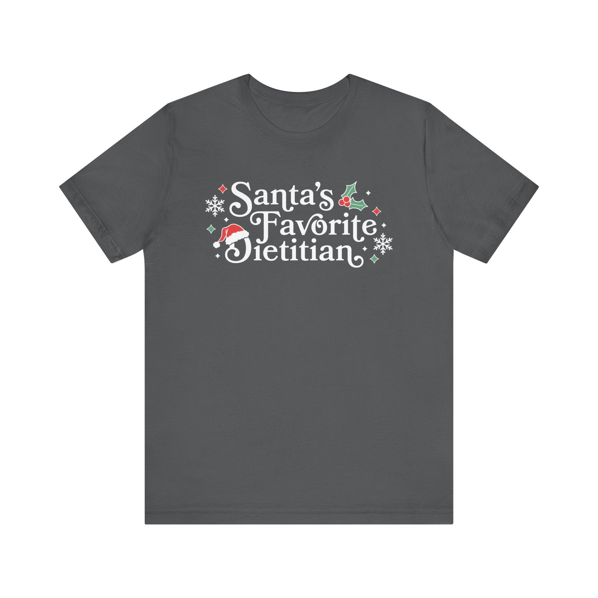 Dark gray t-shirt with 'Santa's Favorite Dietitian' text and festive graphics on a white background