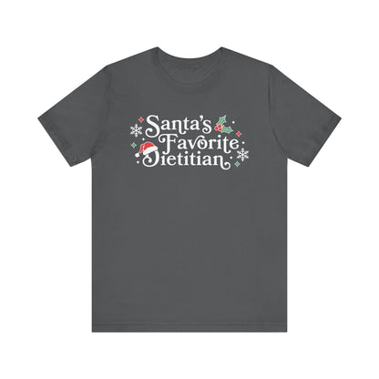 Dark gray t-shirt with 'Santa's Favorite Dietitian' text and festive graphics on a white background