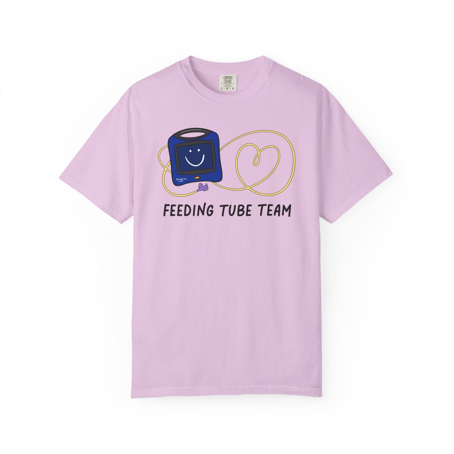 Lilac tshirt with Cortrak device and NG tube with the text "feeding tube team"